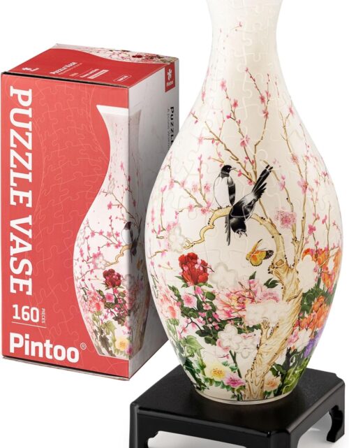Pintoo 3D Puzzle Vase Unique Flower Vase Made By 160 Curved Plastic Puzzle Pieces House Warming Gift for Flower Arrangements and Home Decoration - [S1035] (Translucent, Flowers and Birds)