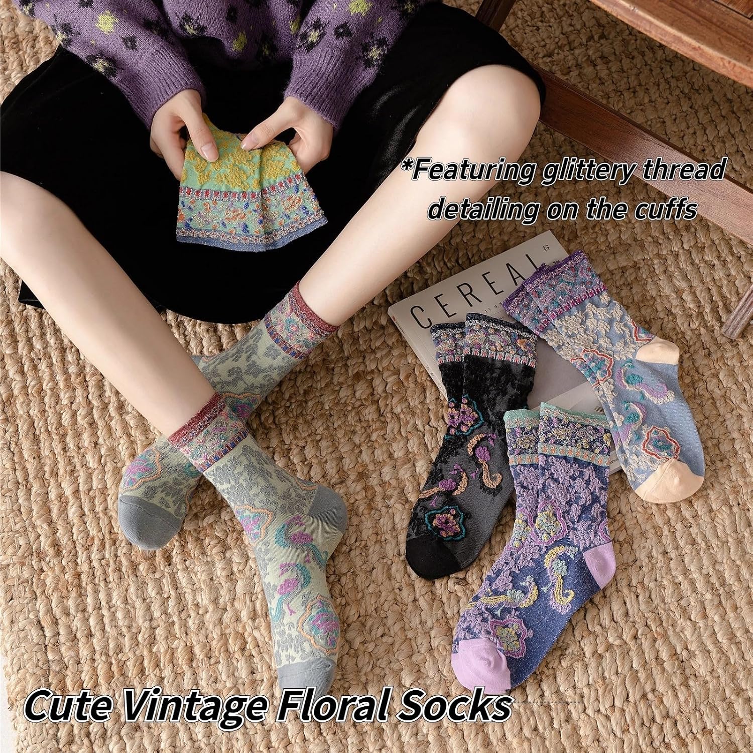 Vintage Style Crew Socks with Cute Floral Cuff for Women - Image 4