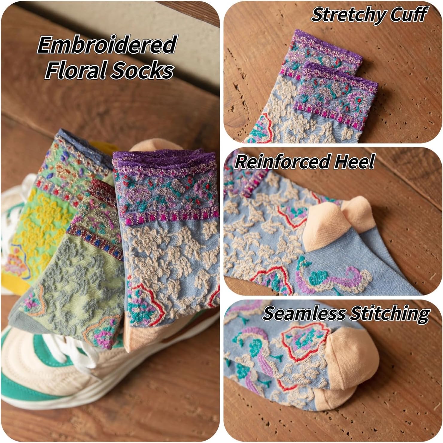 Vintage Style Crew Socks with Cute Floral Cuff for Women - Image 5