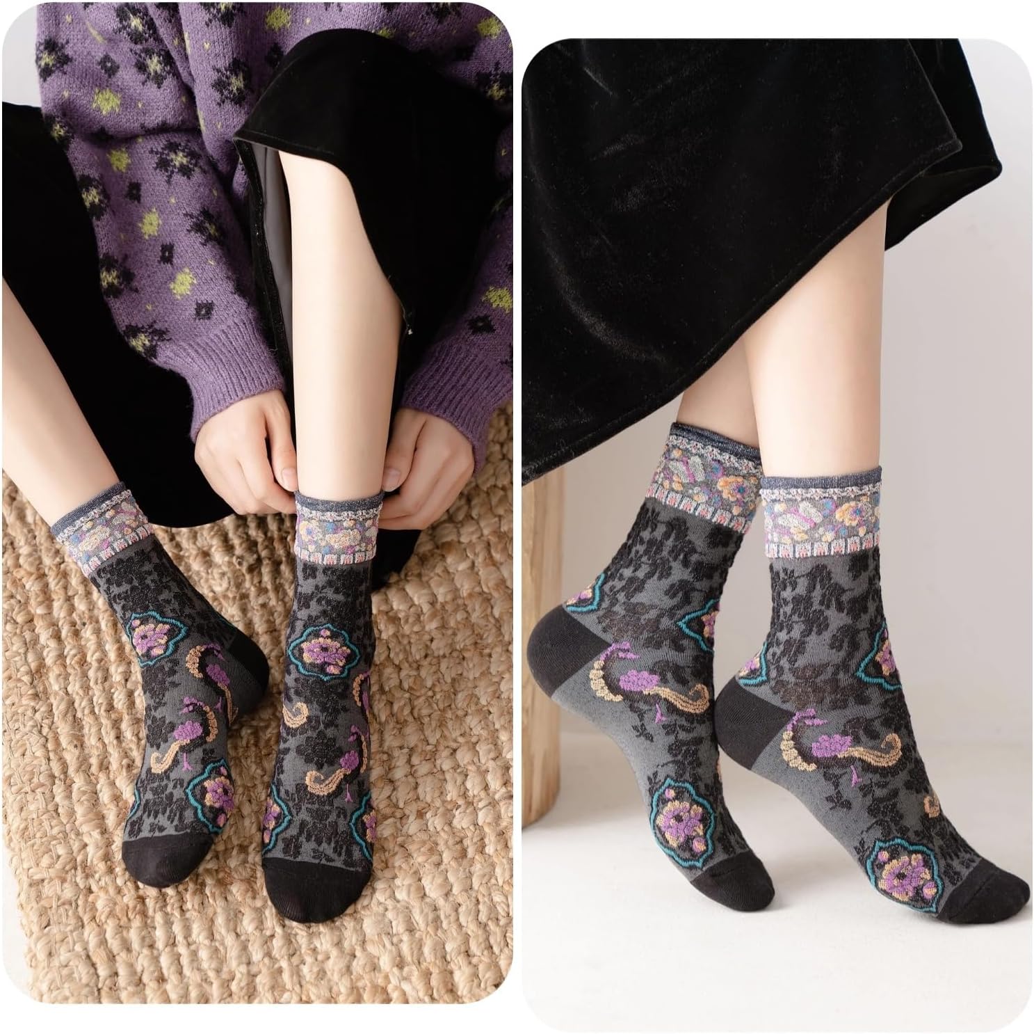Vintage Style Crew Socks with Cute Floral Cuff for Women - Image 6
