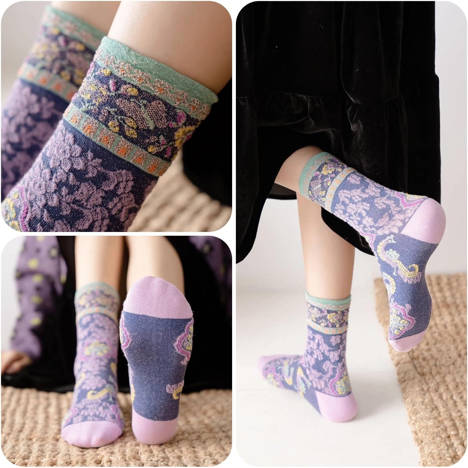 Vintage Style Crew Socks with Cute Floral Cuff for Women - Image 7