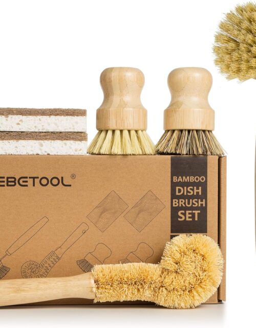 DEBETOOL 6 Piece Bamboo Dish Brush Set with Coconut Sponge - Wooden Dish Brush with Sisal and Palm Fiber, Natural Bamboo Dish Scrub Brush for Kitchen Cleaning Dishes, Pots, Pans, Bottles, Vegetables