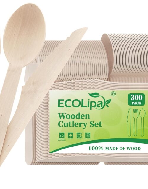 ECOLipak 300 Count Disposable Wooden Cutlery Set, 100 Knives, Forks and Spoons each, Splinter-Free Compostable Wooden Disposable Utensils for Party, Camping, Traveling, Family Dinners